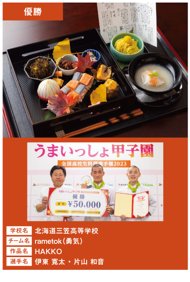 三重県⽴相可⾼等学校 チーム名:いぺまいか 作品名:秋から冬へ〜アイディアあふれる和⾷と⻄洋のコラボレーション御膳
