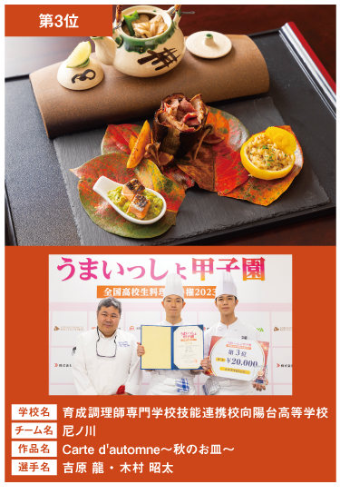 三重県⽴相可⾼等学校 チーム名:いぺまいか 作品名:秋から冬へ〜アイディアあふれる和⾷と⻄洋のコラボレーション御膳