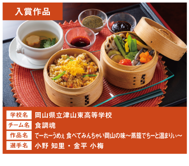 岡⼭県⽴津⼭東⾼等学校　チーム名：⾷調魂　作品名：でーれーうめぇ ⾷べてみんちゃい岡⼭の味～蒸籠でちーと温まりぃ～